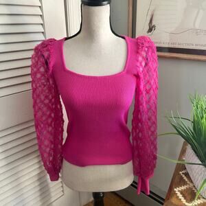 On Twelfth Top Womens Small Hot Pink Sheer Puff Sleeve Dainty Milkmaid Coquette